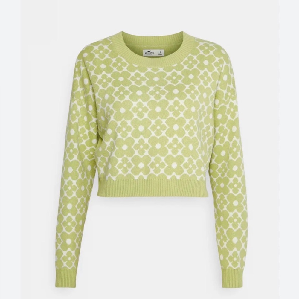 Hollister Green Floral Cropped Sweater 60’s mod hippie women’s small preppy